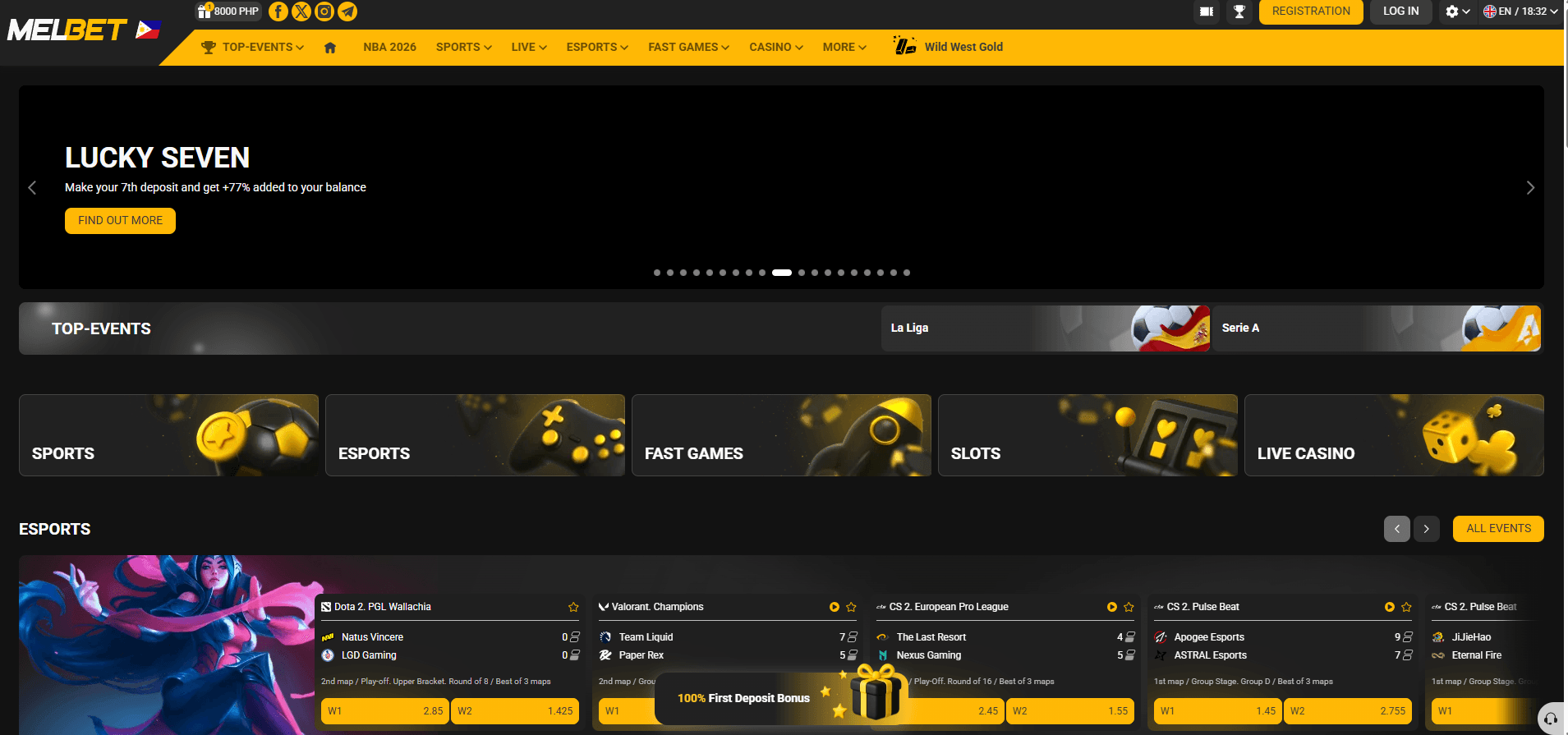 MelBet Philippines homepage with sports, esports, fast games, slots and live casino sections