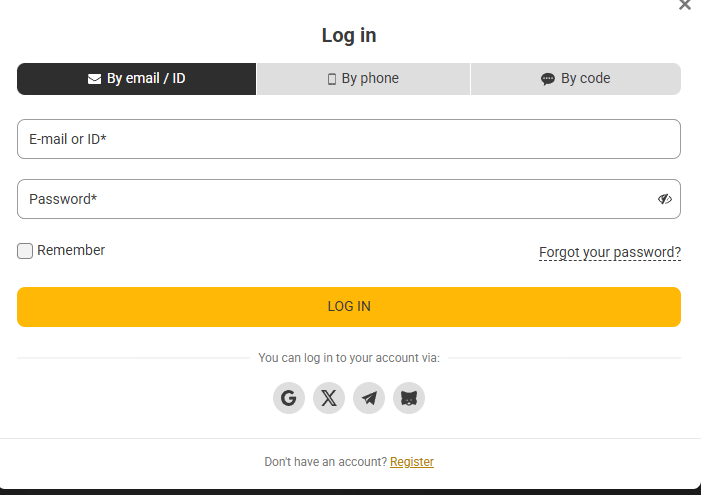 MelBet login form with e-mail, phone and code options
