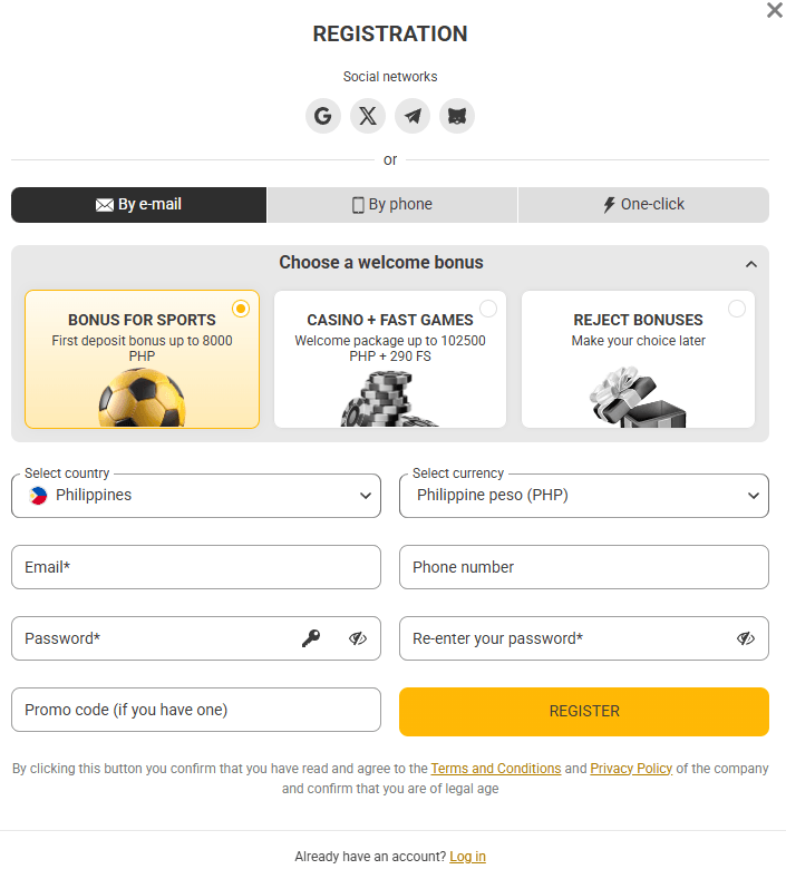 MelBet registration form with welcome bonus selection and e-mail sign up